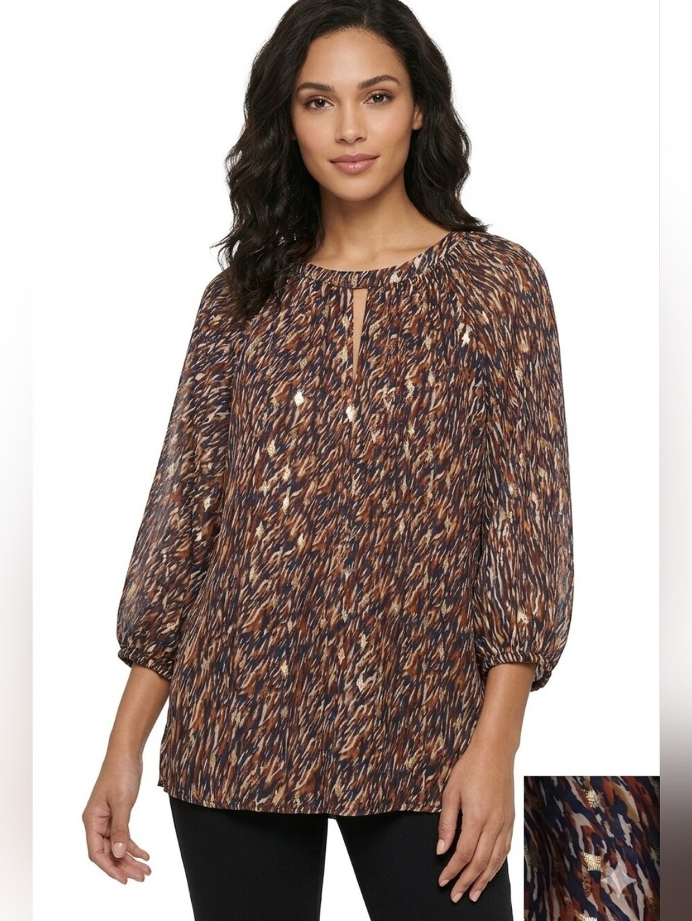 Vince Camuto Brown Multi-Print Keyhole Blouse With Gold Diamonds Size 1X
